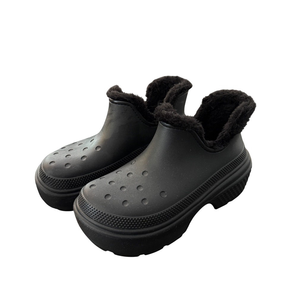 Crocs Stomp Lined Boot Women 10 Men 8 Black Faux Fur Platform Ankle Bootie Boots
